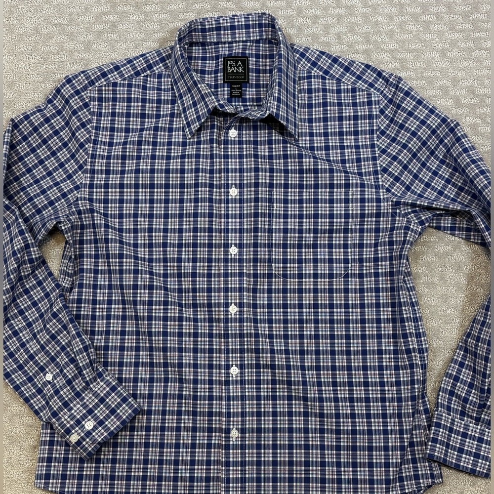 Jos. A. Bank Traveler Shirt Button Down Mens Large Blue White Slim Fit